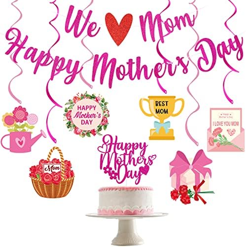 Украса за Ден на Щастливата майка, Ние обичаме майка Банер с Ден на Щастливата майка, Розово-Червен Блясък и Ден на Майката, Окачени Къдрите, Украса за тортата за Ден