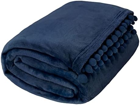 Покривалото PAVILIA с помпоном, Тъмно синьо |Меко Флисовое Одеяло с помпоном и ресни за разтегателни дивана, Декоративно