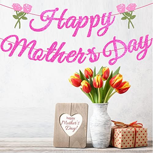 Украса за парти Честит Ден на Майката, Розов Блестящ Банер Честит Ден на Майката с Цветен Знак, Подаръци за Деня на Майката, Домашно Парти, Мантъл, Камина, Подпори За