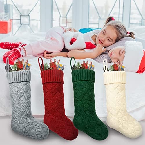 Коледни Възли Чорапи ROSFORU, 4 опаковки, Подарък пакет за Бонбони Голям Размер, Персонални Коледни Чорапи С Декорация, Класически Стил (Бял, зелен, сив, бордо цвят Слоно