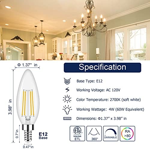 Led Крушки Honesorn за sconces свещ E12 с регулируема яркост, 2700k 60-Ватов Еквивалент Крушки за Полилеи Тип B за монтаж