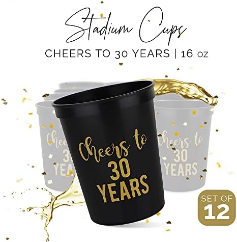 Наздраве to 30 Years Чаши, Чаши за парти в чест на 30-годишнината, Набор от 12, 16 унции черно-златни чаши на 30-годишнината