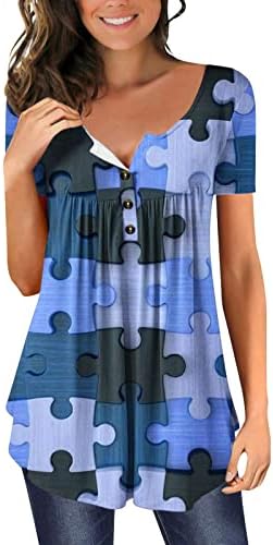 Дамски Летни Блузи с цветен Модел, Туника Хенли С V-образно деколте, Потник копчета, Тениски в Струящиеся Гънки, Ежедневни Блузи копчета С Къс ръкав