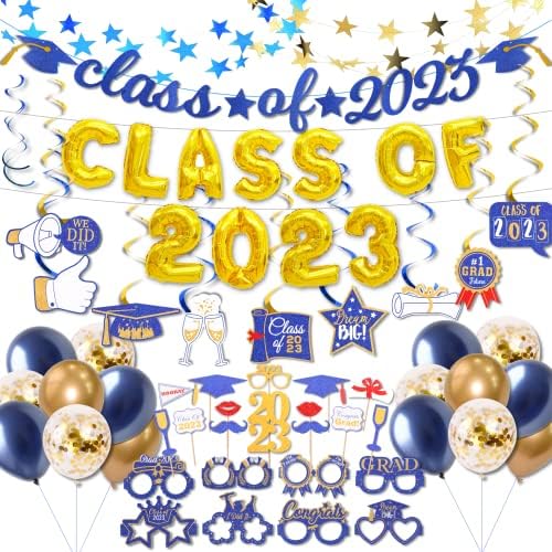 Абитуриентски бижута VTYEPOU Клас 2023 - Сини и златни Бижута за Бала партита, включително 16-инчовите балони клас 2023, Банер, Подпори за Фотобудки, Очила, Фонове, Венец, Ока?