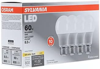 Led лампа серия Sylvania Contractor, A19, 8,5 W, 2700 До 80 Cri, Средна база, 120 Волта, Матирана, от 4 броя в кутия