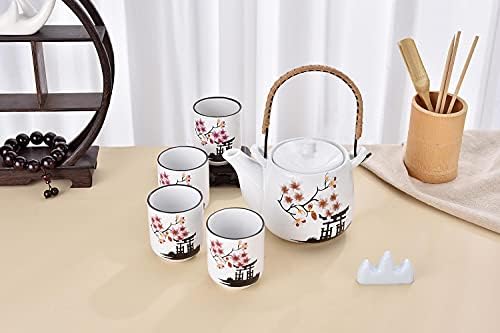 Японски Керамичен Чайник Tetsubin и 4 Чаши Чай, Снежно Бял-Розов Чай, определени с цветя Сакуры, на Чайника от Неръждаема