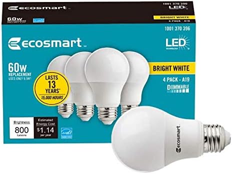 Led лампа EcoSmart мощност 60 W, еквивалентна A19, с регулируема яркост, Energy Star, ярко бяла (3000K) (16 бр в опаковка)