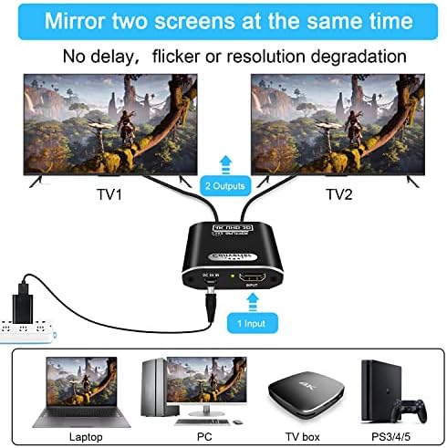 Movcle HDMI Splitter 1 в 2 изхода за два монитора, 4K, HDMI Splitter Ver1.4 Поддържа 4K @ 30Hz 3D Full HD 1080P за Xbox PS4 PS3 Blu-Ray плейър Fire Stick Roku Apple TV HDTV (1 източник 2 на дисплея)