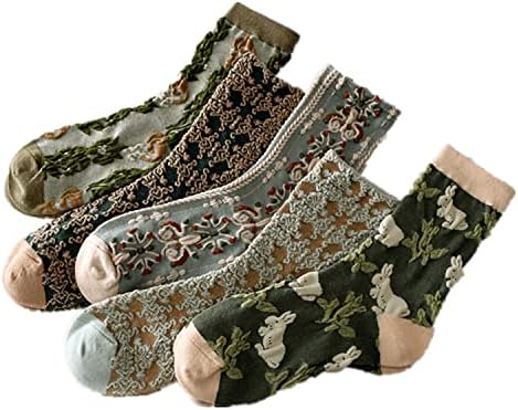 Жите 5 чифта цветни чорапи Дамски скандинавските ивици канава цвете памучни чорапи, момичета, ретро сладък цветен сладки