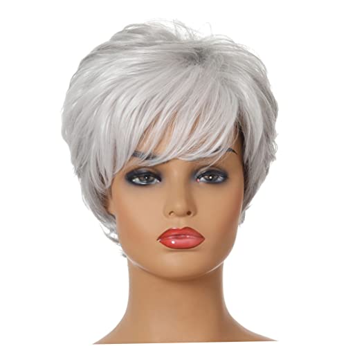 Кратък перука в стил Pixie, дамски къси сиви перуки, естествен кратък къдрави коси вълнообразни перука с бретон, перуки