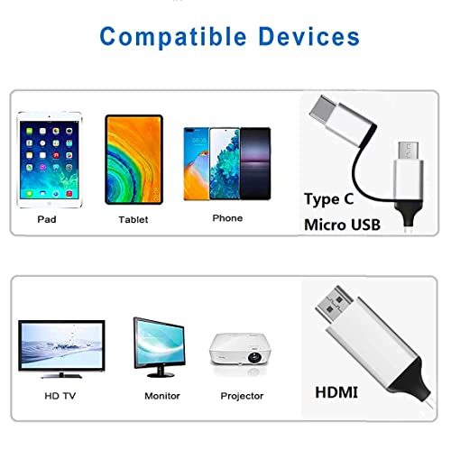 JUEJUEZI USB Type C Кабел Micro USB-HDMI 2 in1, MHL 1080P за огледално-рефлексен проекция на телефона за tv и кабел за зареждане, за всички смартфони, таблети с Android, за свързване към монито