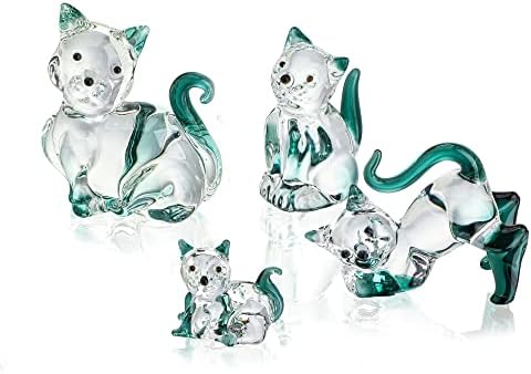 HDCRYSTALGIFTS Формовъчни Стъклени Фигурки на Котки колекционерска Опаковка от 4 Изумрудено-зелени Кристални Котешки статуи на Животни, Скулптура Коте