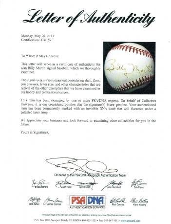 Били Мартин е подписал официален автограф AL Baseball, Ръчно декориран PSA coa loa autograph - Бейзболни топки с автографи