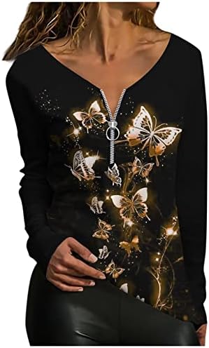 Дамски Леопардовая Туника Хенли, Върхове 2023, Есенни Модни Блузи с дълъг ръкав, тениски с V-образно деколте и цип, Рубчатые
