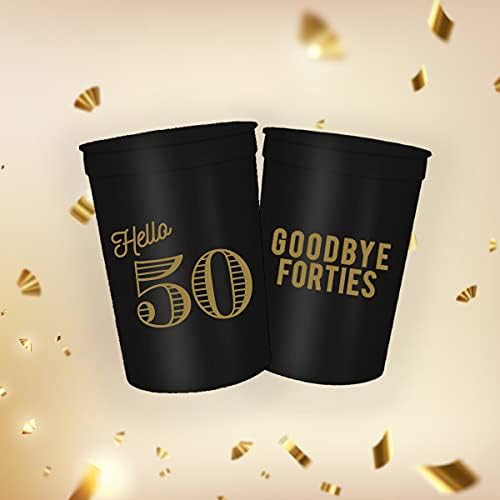 Здравейте, 50, Сбогом, Четиридесетте, чаши за парти в чест на 50-годишнината, Набор от 12, 16 унции черни и златни метални