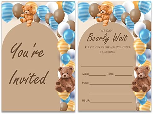Покани за парти Baby Shower за малки момчета Bearly Wait с конвертами Комплект от 20 сини мъниста с Медвежатами Покани