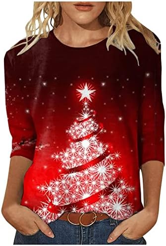 NaRHbrg / Дамски Блузи с ръкави 3/4, Коледни Ризи, Елегантни за Носене с Гамаши, Пуловер с кръгло деколте, Графични Тениски