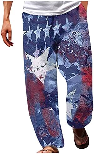 Мъжки Ежедневни Памук, Ленени Панталони на 4 юли С Принтом на Американското Еластичен Колан, Леки Панталони Плажни Панталони