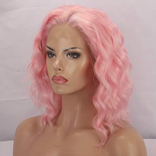 FSLWIGS светло розови перуки за жени, свободен е къдрава перука-боб, синтетични косми, половината коса от устойчиви на