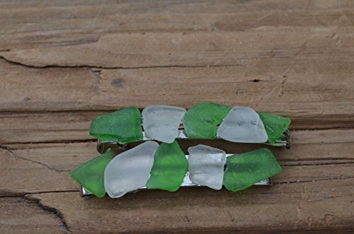 Щипки за коса от естествен бял и зелен морски стъкло (комплект от 2-те)