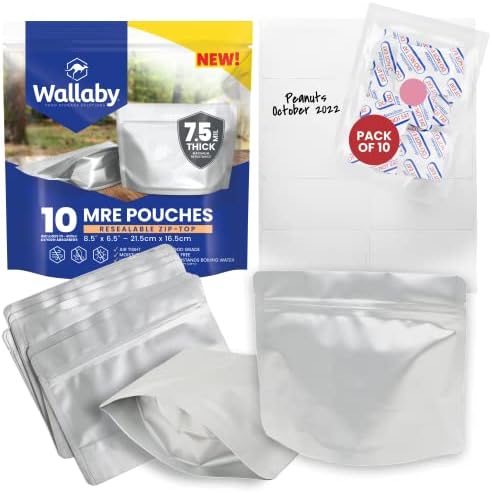 Комплект торбички Wallaby MRE от mylar - 10 мешочков с цип (7,5 Mils - 6,5 x 8,5'), 10 мивки кислород капацитет 400 cc - Термосвариваемые и выдерживающие вряща вода - Решения за дълго съхра?