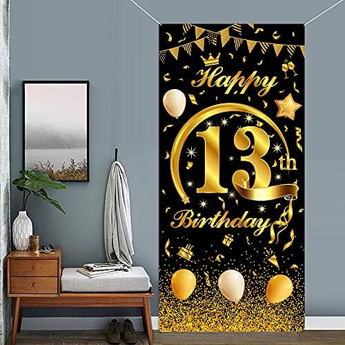 Mocossmy От 13-Ия Рожден Ден на Вратата Банер, Голям Черен и Златен честит Рожден Ден рамка, която да Корица на Верандата