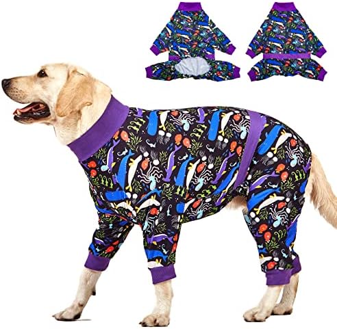 Пижами LovinPet Large Big Dog - Послеоперационная пижами за кучета от големи породи, Светоотражающая ивица, Лек Дишащ Еластичен трикотаж, Тъмно сиво Дълбоководно принт, Пижа?