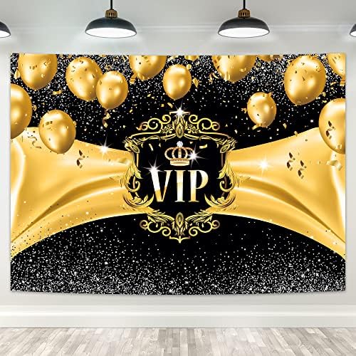 Imirell VIP Фон за парти 8x6 Метра, Черни, Златни и черни балони, Корона, Блестящи Декори за Бала, Юбилей, Парти, по