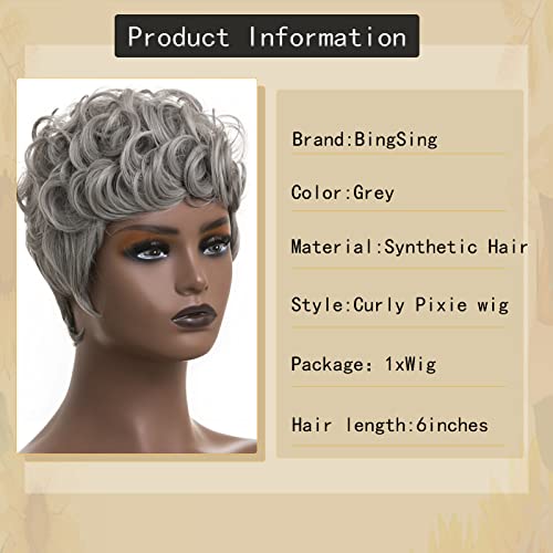 Кратък перука за черни жени, коса и сив цвят, кратък перука Pixie за жени, къса къдрава прически, перуки Pixie с бретон,
