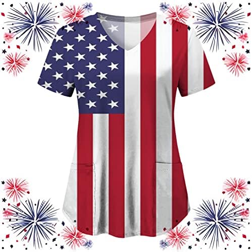 Голяма Дамска Риза Дамски Ежедневни С Принтом на Деня на Независимостта, С Къс Ръкав и Джоб, Свободен Топ с V-образно деколте и джоб, Тениска, Работна Риза