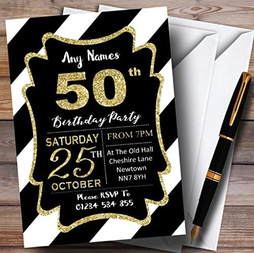 Черно-Бели Диагонални Ивици със Златни 50-та Персонализираните Покани На Парти по случай рождения Ден