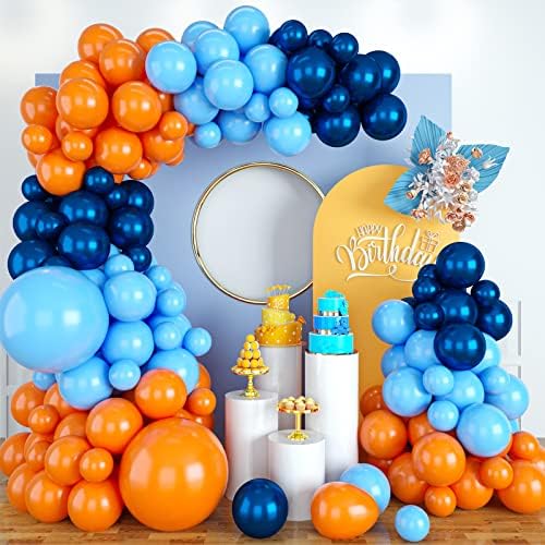 Комплект за Венец От Сини Балони, Комплект За Арка От тъмно-Синьо-Оранжеви Балони, Синьо-Оранжево Латексови Балони За