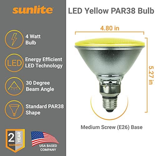 Цветна крушка Sunlite 80045-СУ LED PAR38, 4 W (еквивалент на 25 W), средна база E26, живот 30 000 часа, 1 опаковка, Жълт
