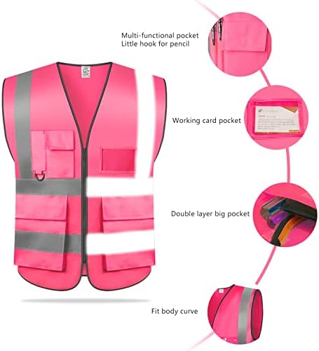 TooCust Розова Жилетка за Безопасност за жени, Предпазни Жилетки Отразяващи с Джобове и цип, Жилетка за строителни работи,