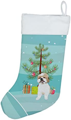 Carolin's Treasures WDK3180CS Shih Дзъ Сребристо-Златист и Бял 2 Коледни Чорапи, чорапи за окачване на камината, Коледен
