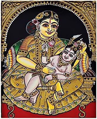 Екзотична Индия 10 x 12 Бебе на Кришна в скута на майка си Яшоды Танджор Картина | Традиционните цветове С 24-КАРАТОВО