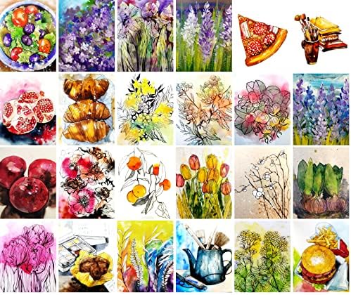 Реколта картички PIXILUV (24 бр 4 x 6 всяка) Храна и цветя Акварел скица Реколта картички Книгата илюстрации Отпечатване