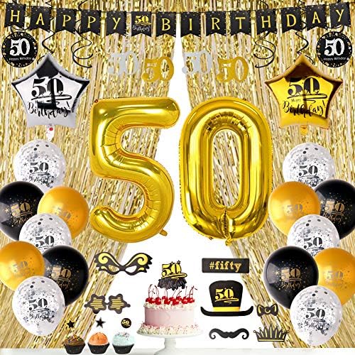 Украса на 50-ия рожден ден HAPYCITY за мъже (114 x) Черни и златни балони на 50-ия рожден ден, Декорация на 50-ия рожден