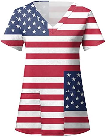 Дамска Блуза на 4 юли с Флага на САЩ, Лятна Тениска с Къс Ръкав и V-образно Деколте и 2 Джобове, Забавна Празнична Ежедневни работни Дрехи