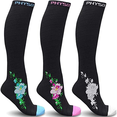 Компресия чорапи Physix Gear Sport 3 Двойки за мъже и жени (черно / розово + Черно / Сиво + черно / синьо) размер S-M