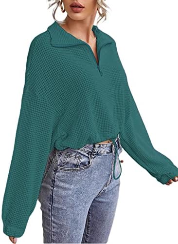 LilyCoco Женски Пуловер с цип с една четвърт размера, Гофрети, Трикотаж, Съкратен Блузи с Дълъг ръкав
