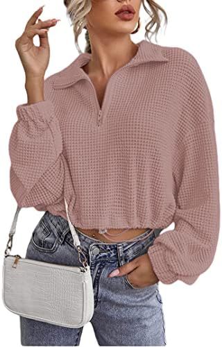 LilyCoco Женски Пуловер с цип с една четвърт размера, Гофрети, Трикотаж, Съкратен Блузи с Дълъг ръкав