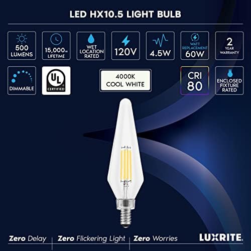 Led лампи LUXRITE E12 Candelabra мощност 60 W, студен бял цвят 4000 До Встъпване в затворен лампа, Лампа за полилеи с регулируема яркост, 4,5 W, 500 Лумена, стъкло HX10,5, wet употреба, сертиф