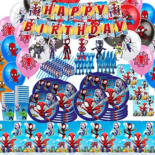 Тематично оформление на парти по случай рождения Ден на Спайди и неговите невероятни приятели-сплиндерменов и посуда Включват Табели, Банер за рожден Ден, Покривк?
