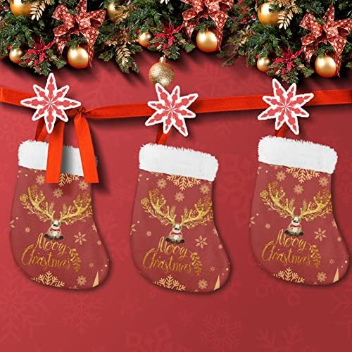 Мини Коледни Чорапи с Шарките на Коледен Елен Dreaweet, Държач за Чинии с Коледен Декор, 3 предмет, Торбичка за Бонбони,